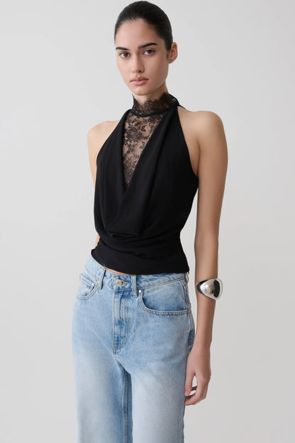 Arra Chiffon Lace Halter Top Black