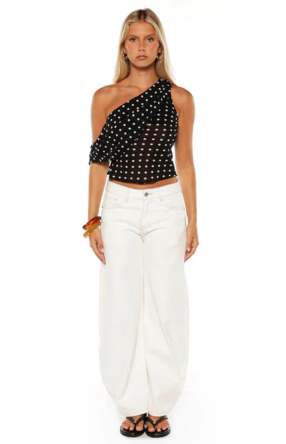 Khamie Black Polka Dot Off Shoulder Top