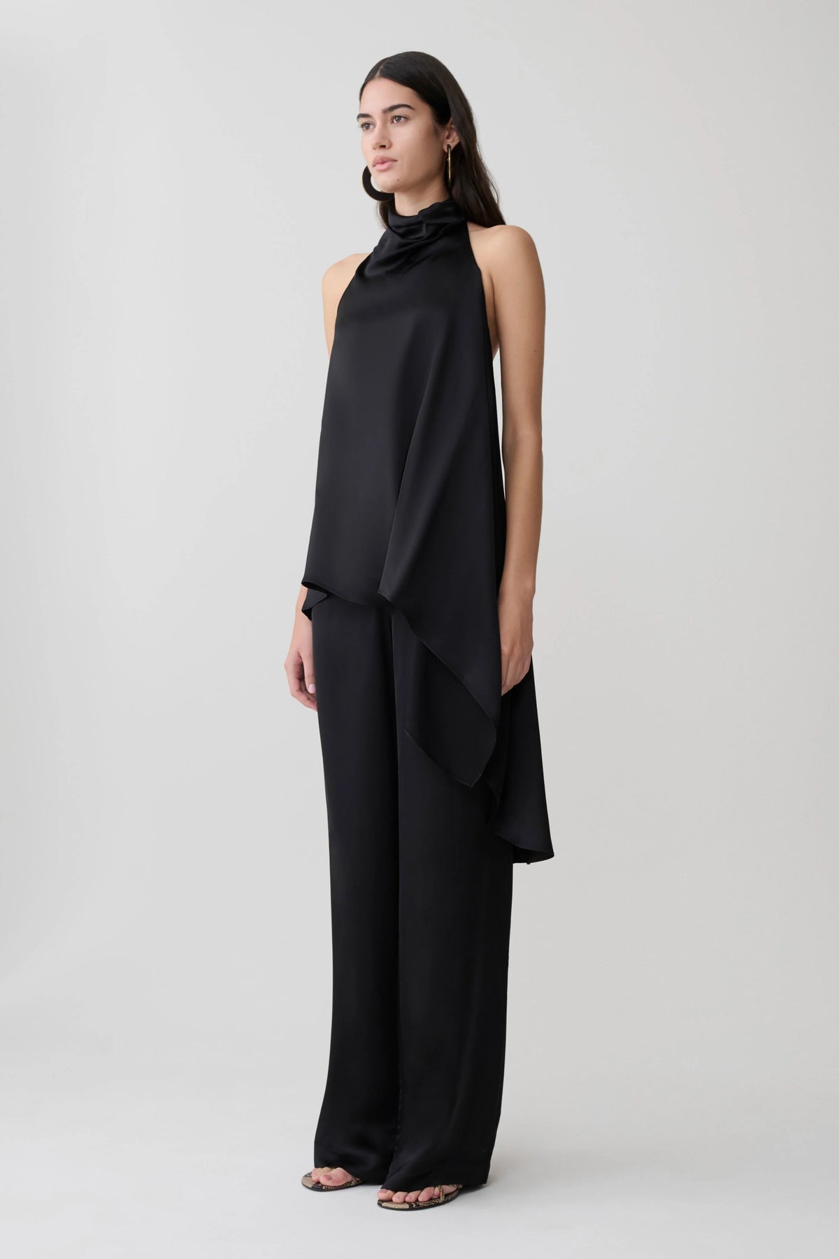 Sydney Asymmetrical Satin Halter Top Black