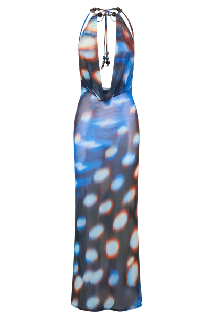 Ethel Mesh Cowl Plunge Maxi Blue Abstract Print