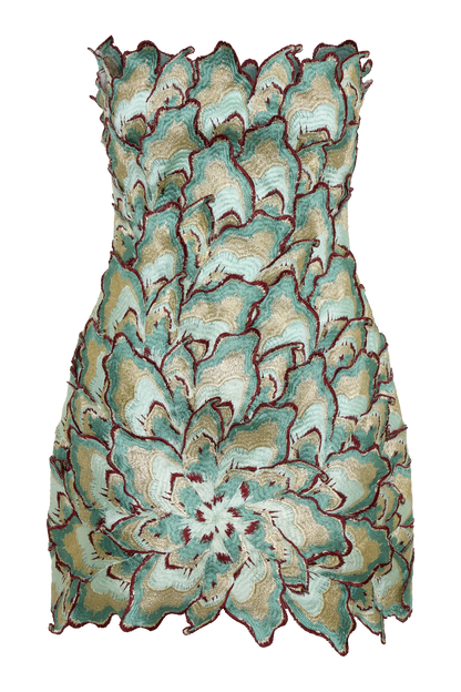 Juniper Hand Embroidered Floral Mini Dress Gold Teal