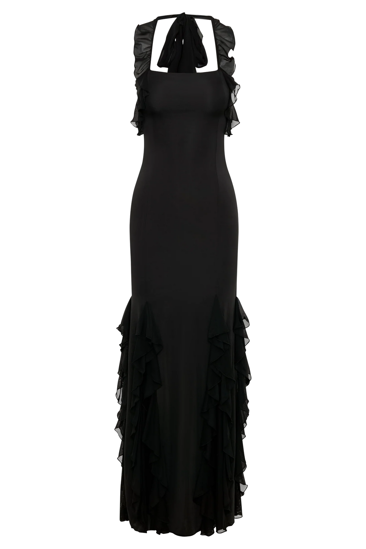 Etta Ruffle Slinky Maxi Dress Black