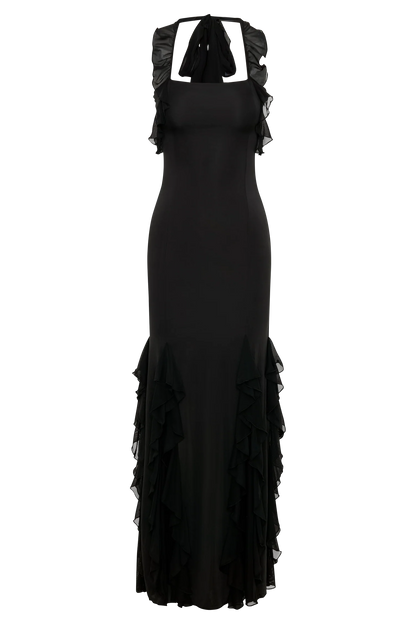 Etta Ruffle Slinky Maxi Dress Black