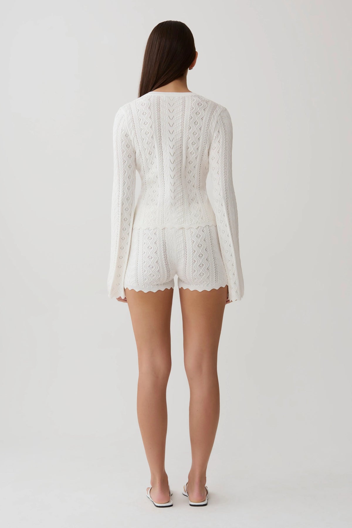 Darlene Pointelle Knit Long Sleeve Top White