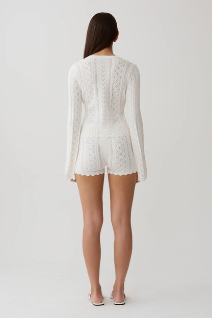 Darlene Pointelle Knit Long Sleeve Top White