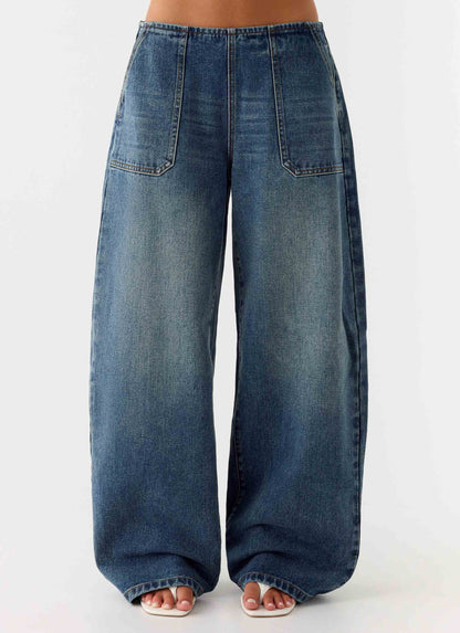 Seethal Low Rise Washed Denim Jeans Mid Wash Blue
