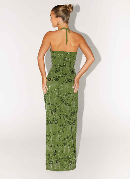 Phoenicia Beaded Maxi Dress Khaki