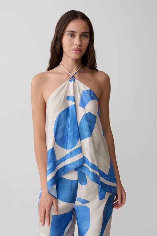 Adelaide Draped Satin Halter Top Blue Geo Tile Print