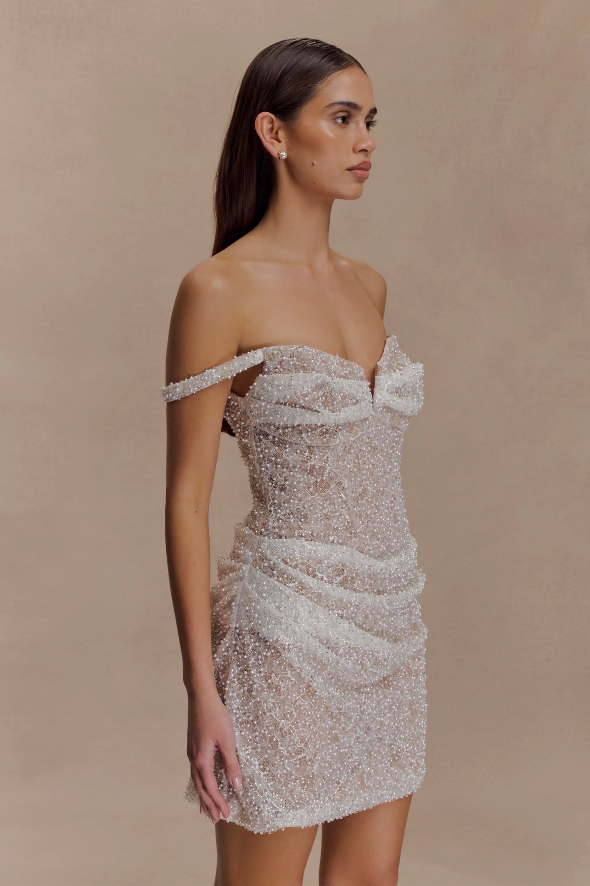 Connie Beaded Bodycon Mini Dress Nude