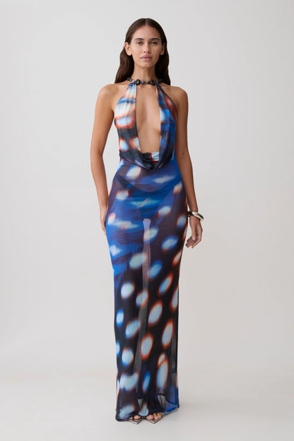 Ethel Mesh Cowl Plunge Maxi Blue Abstract Print