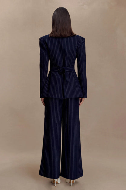Jacqueline Pleated Wide Leg Pants Navy Pinstripe