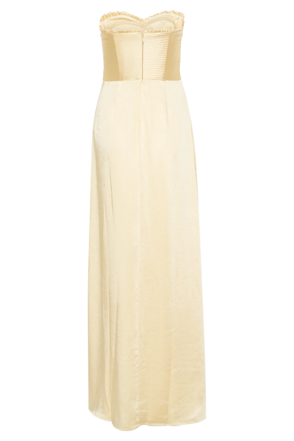 Larissa Satin Maxi Dress With Ruched Petals Lemon