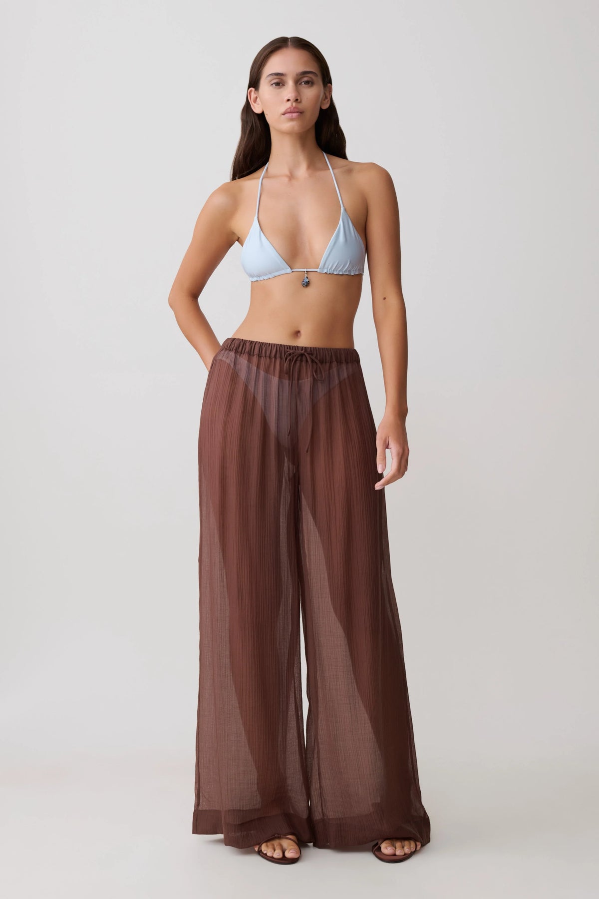 Leilani Sheer Drawstring Wide Leg Pants Chocolate