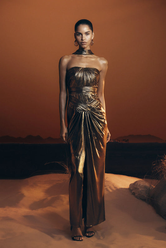 Clemence Plisse Maxi Dress Gold