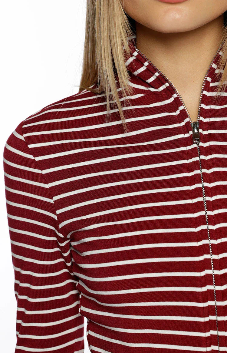Poppi Burgundy Stripe Double Zip Sweater