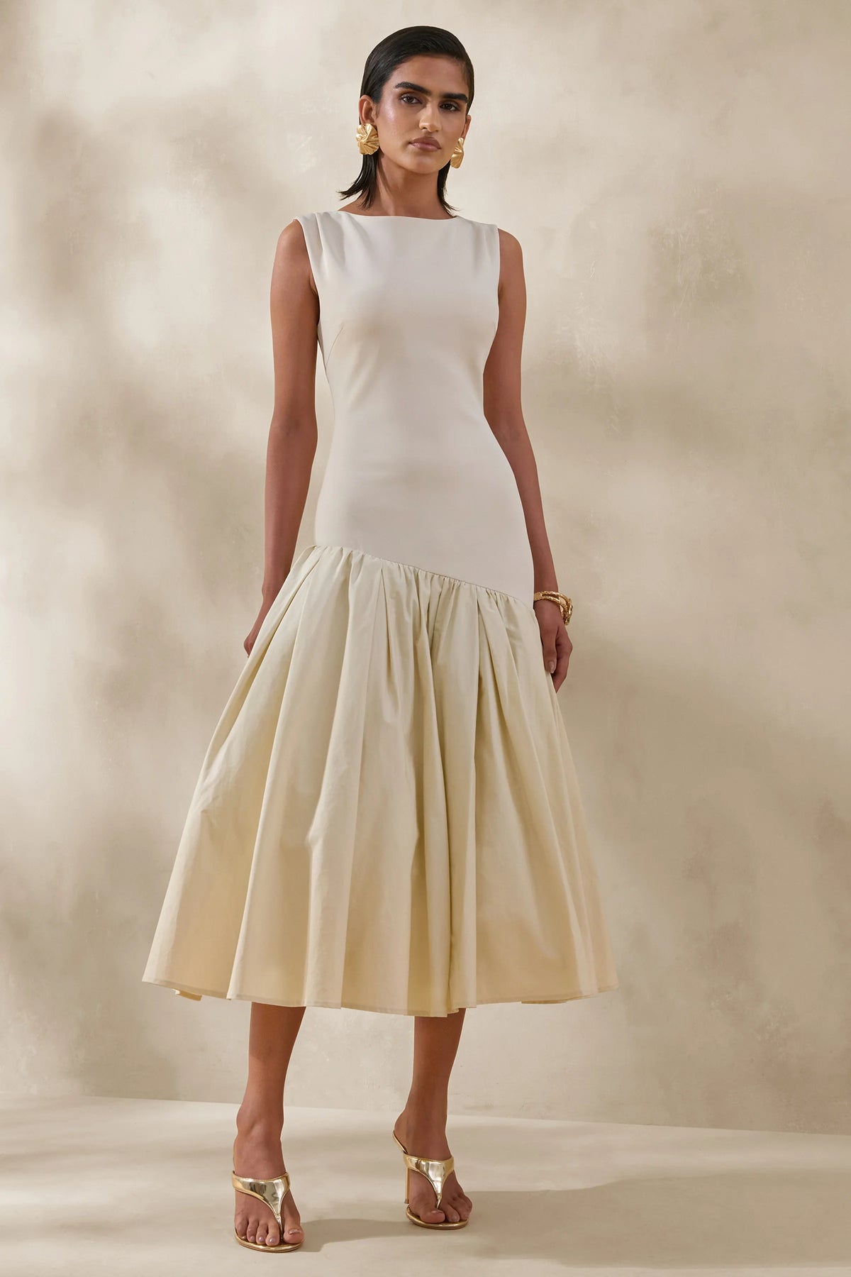 Fantasia Cream Boat Neck Midi Dress With Asymmetric Drop Waist