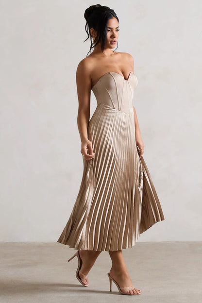 Bordeaux Champagne Satin Corset Style Midi Dress