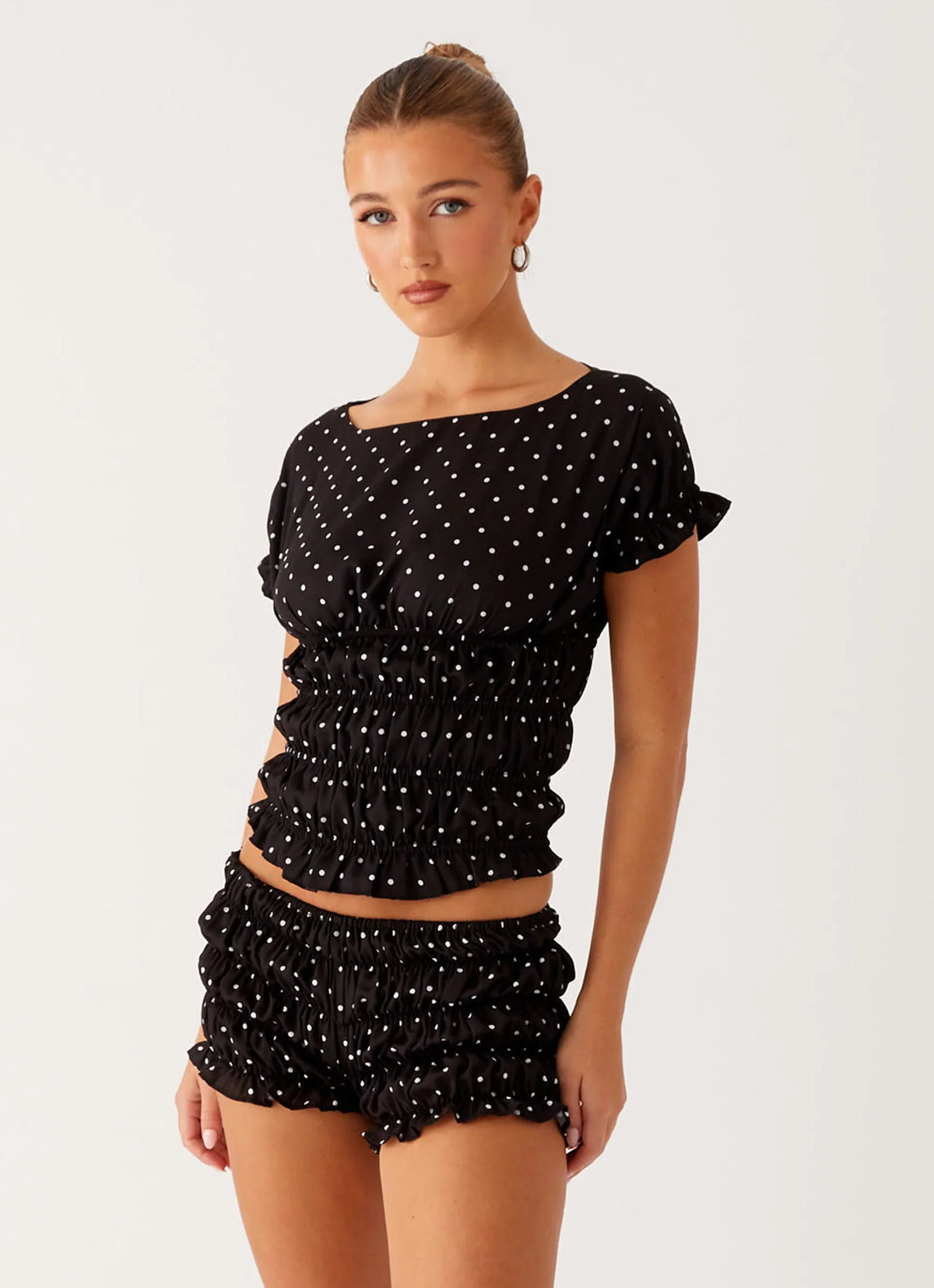 Natalia Ruched Top Black Polka Dot