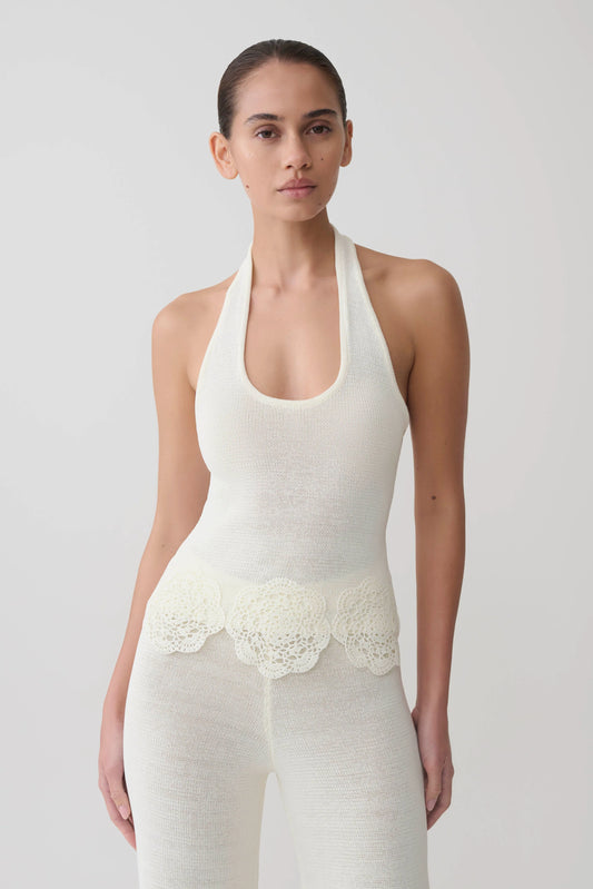 Salley Crochet Halter Longline Top Ivory