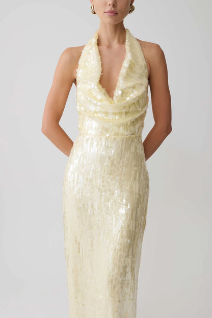Gertrud Sequin Halter Maxi Dress Lemon
