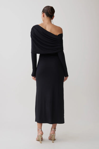 Corinna Modal One Shoulder Midi Dress Black
