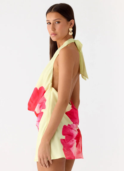 Varindra Cowl Mini Dress Yellow Floral Spritz