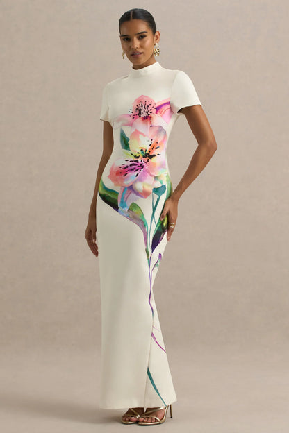 Hessie White Lily Print High Neck Maxi Dress