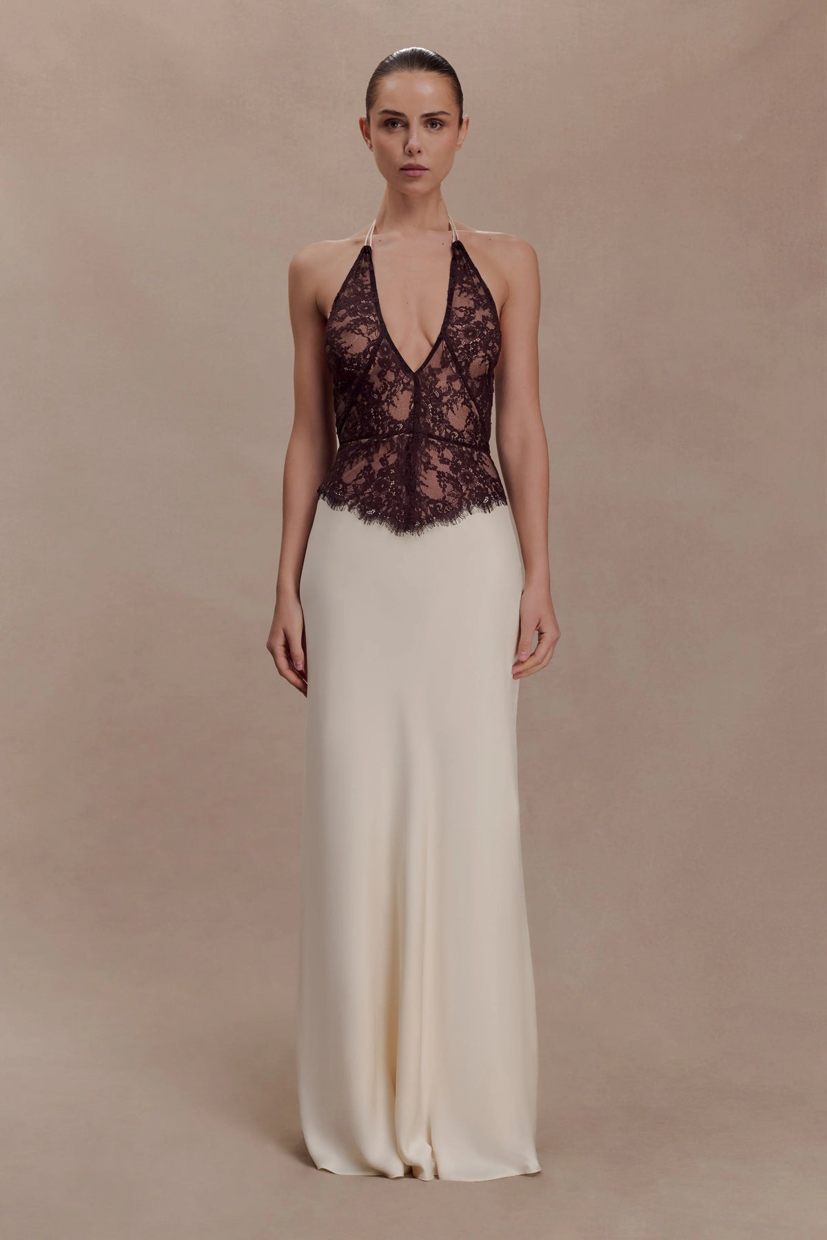Sascha Lace And Satin Halter Maxi Dress Ivory Chocolate
