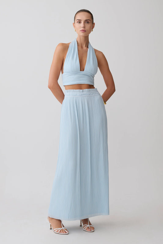 Amaris Gathered Plisse Maxi Skirt Pale Blue