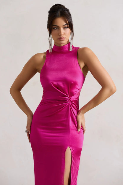 Zoe Dark Pink Satin Twist Split Maxi Dress With Feather Trim