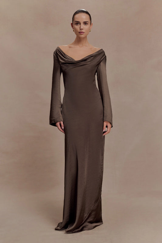 Eliza Long Sleeve Cowl Lace And Satin Maxi Dress Mocha