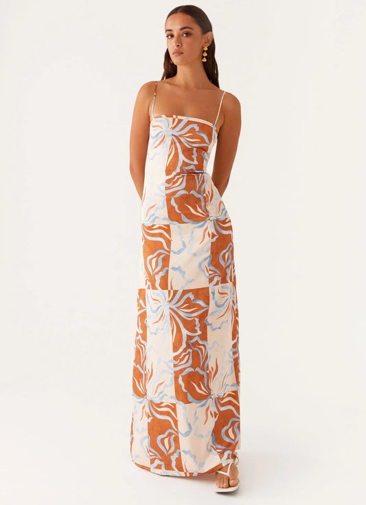 Aster Bloom Maxi Dress Orange Blue Floral
