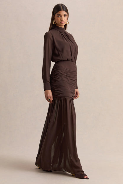 Zella Brown High Neck Maxi Dress With Sheer Skirt