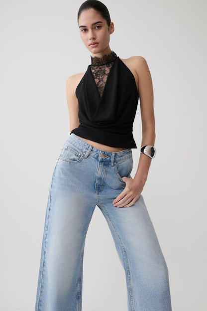 Arra Chiffon Lace Halter Top Black