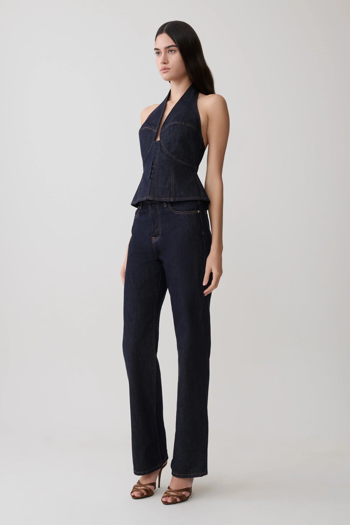 Rema Halter Longline Denim Top Washed Indigo Blue