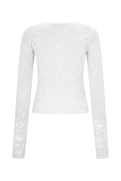 Omari Embroidery Long Sleeve Knit Top Ivory