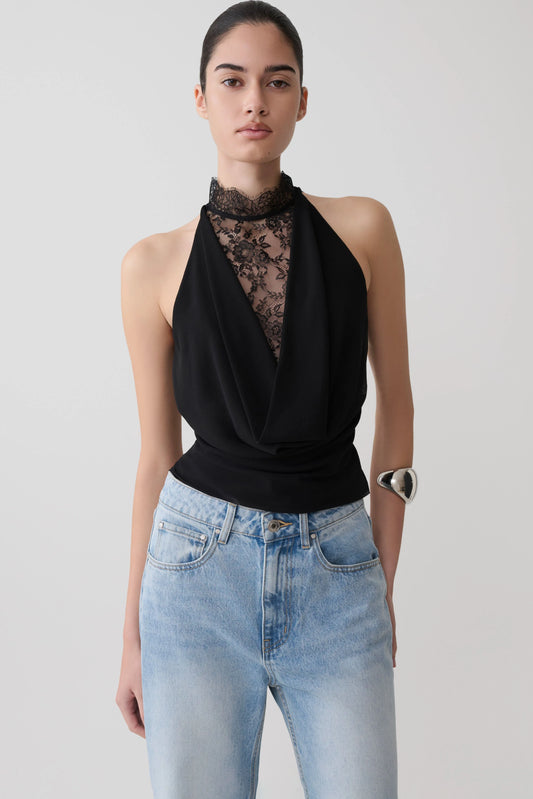 Arra Chiffon Lace Halter Top Black