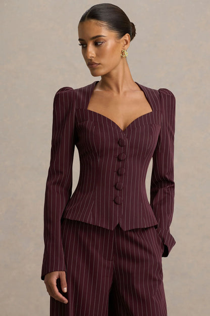 Lana Burgundy Pinstripe Woven Sweetheart Neck Tailored Top