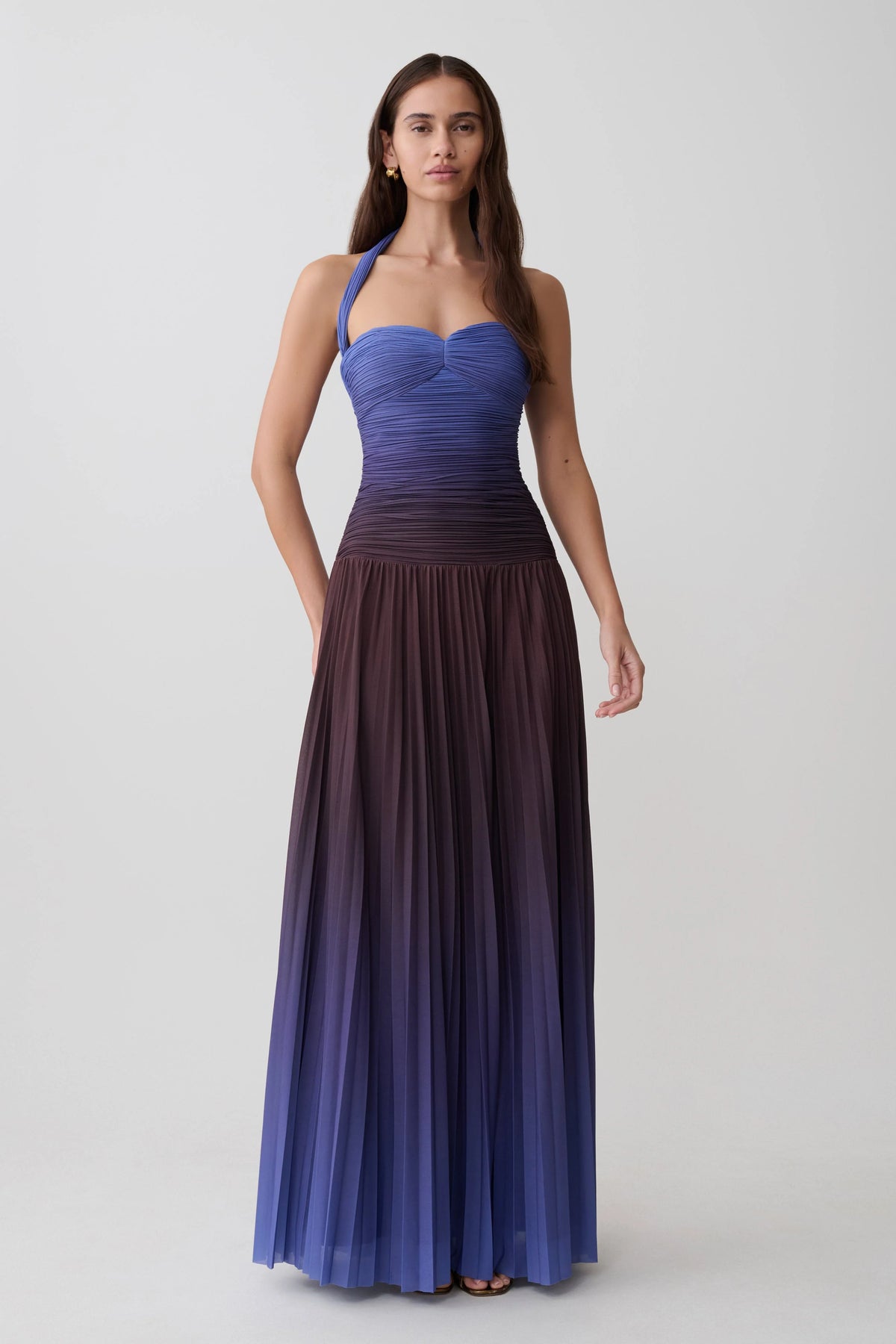 Azizi Pleated Halter Midi Dress Chocolate Blue Ombre Print