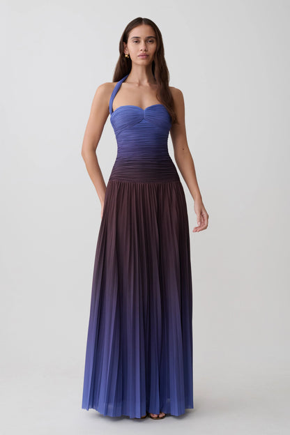 Azizi Pleated Halter Midi Dress Chocolate Blue Ombre Print