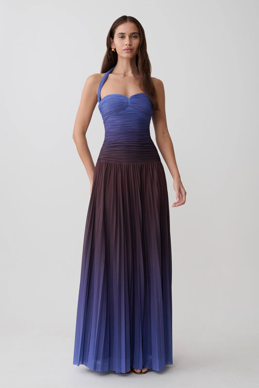Azizi Pleated Halter Midi Dress Chocolate Blue Ombre Print