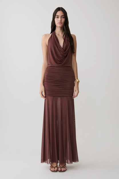 Jorja Draped Halter Slinky Maxi Dress Chocolate