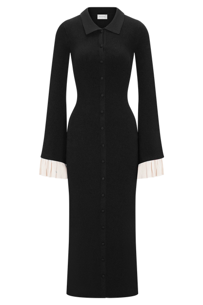 Amirose Ruffle Knit Midi Dress Black