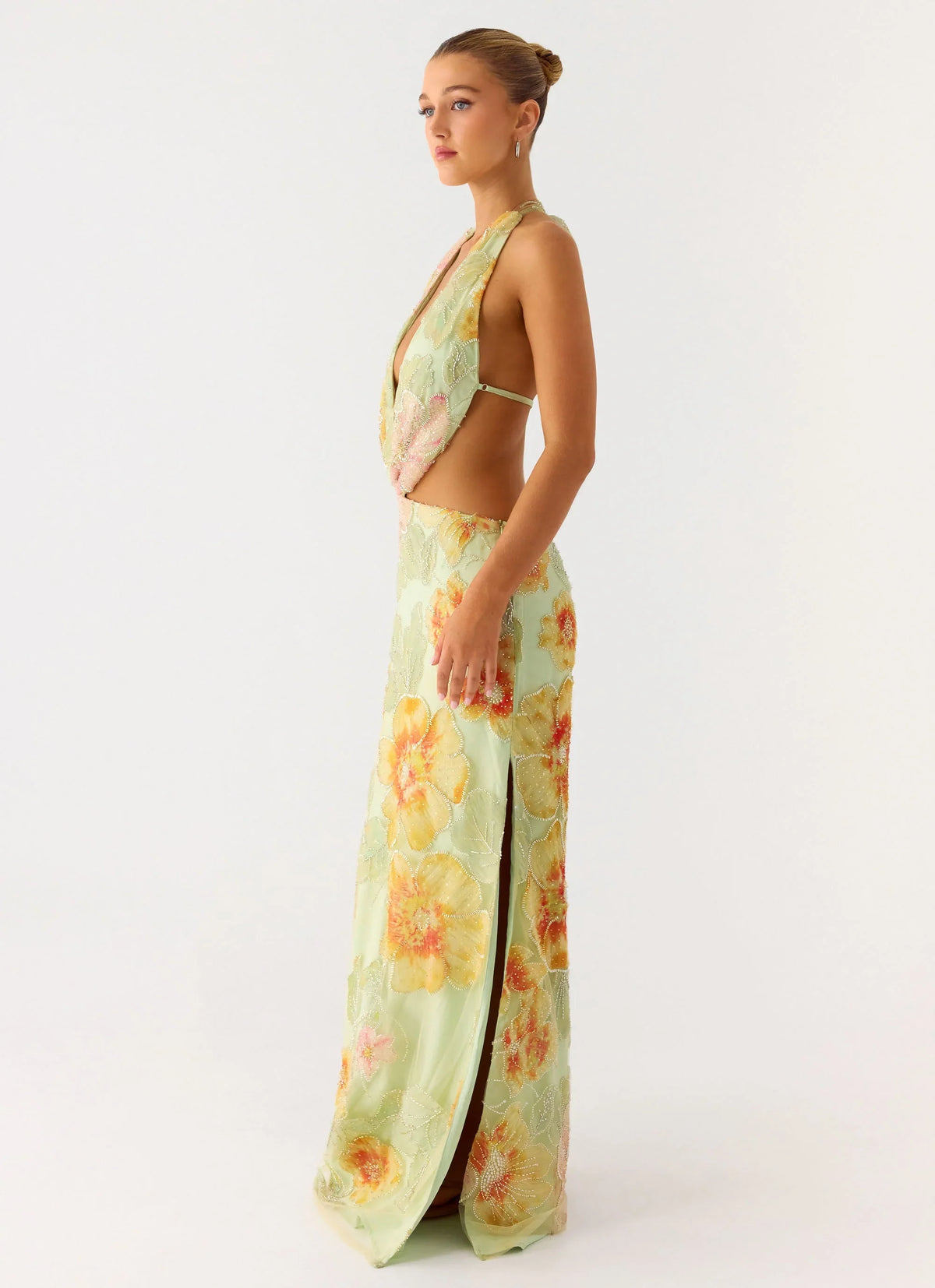 Really Something Beaded Maxi Dress Green Floral Beaded