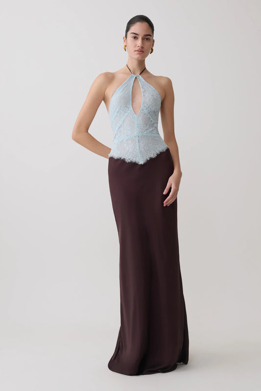 Sascha Lace And Satin Halter Maxi Dress Ice Blue Chocolate