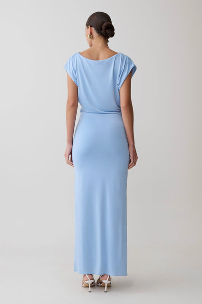 Maiara Shortsleeve Slinky Tie Maxi Dress Sea Blue