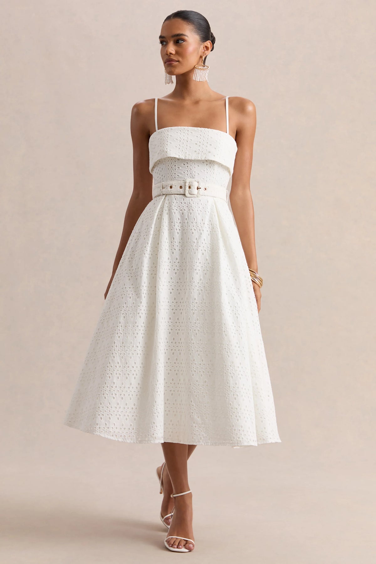 Zoeva Cream Broderie Square Neck Belted Midi Dress