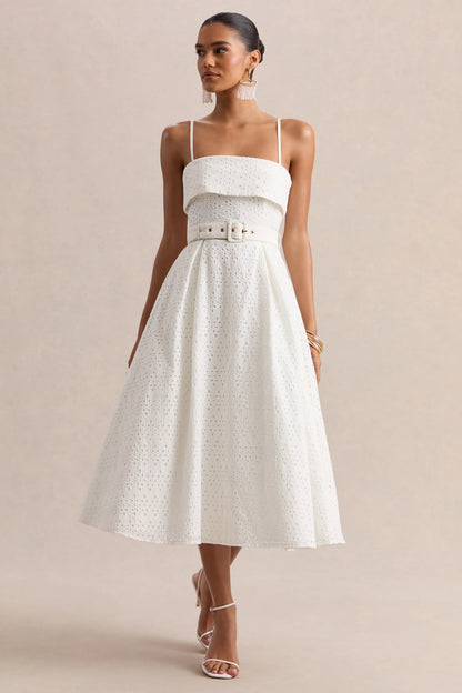 Zoeva Cream Broderie Square Neck Belted Midi Dress