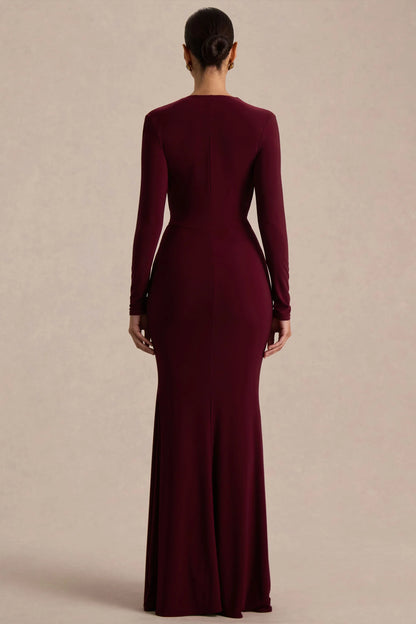 Command Burgundy Plunge Neck Maxi Dress With Front High Split
