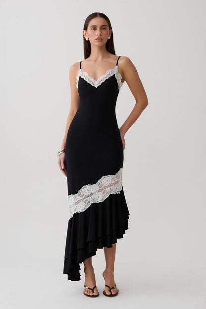 Annis Frilled Hem Lace Midi Dress Black White